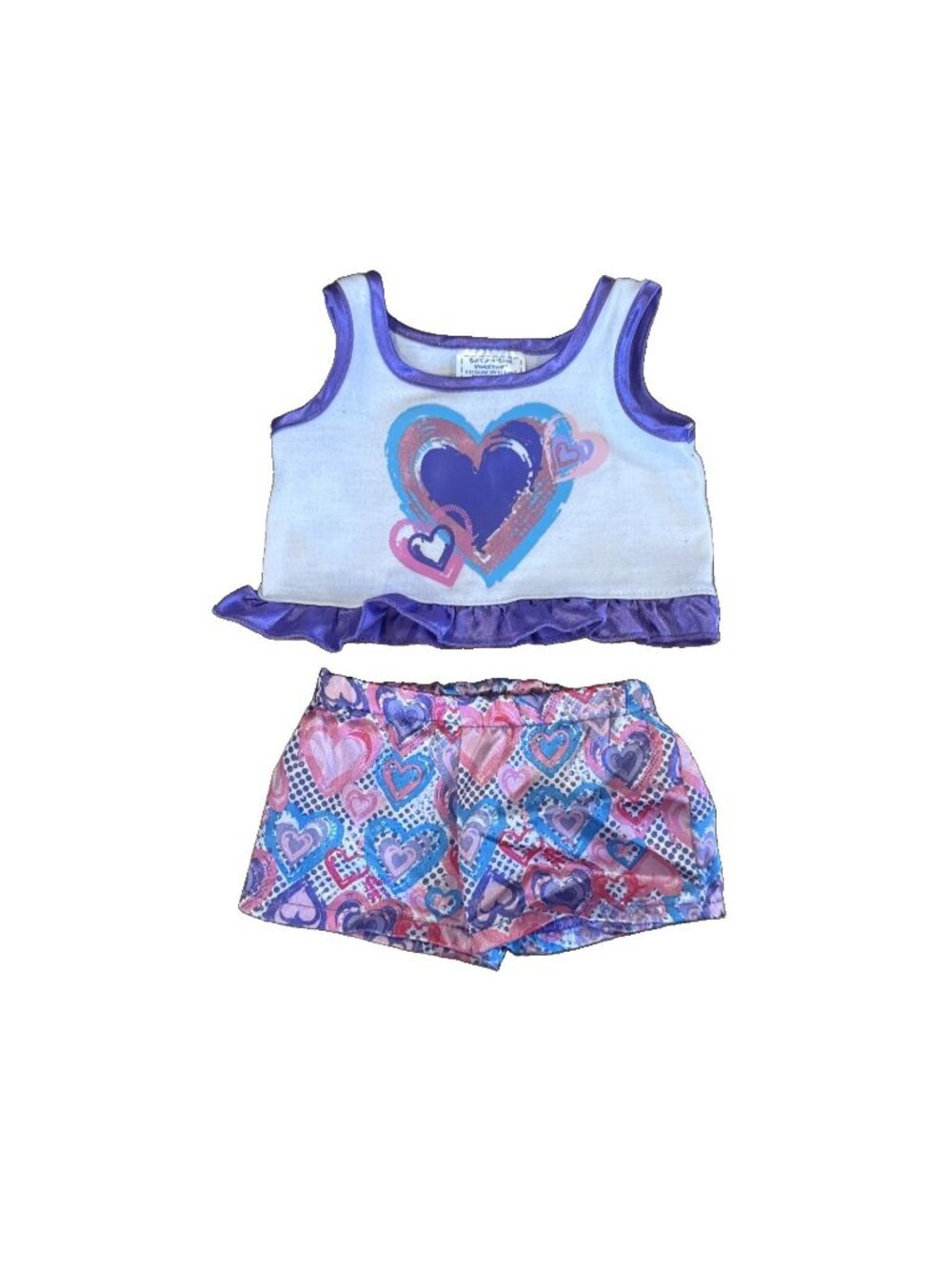 Build a Bear Heart Cami Set 2 Piece PJ Outfit Set Satin Shorts Purple Hearts